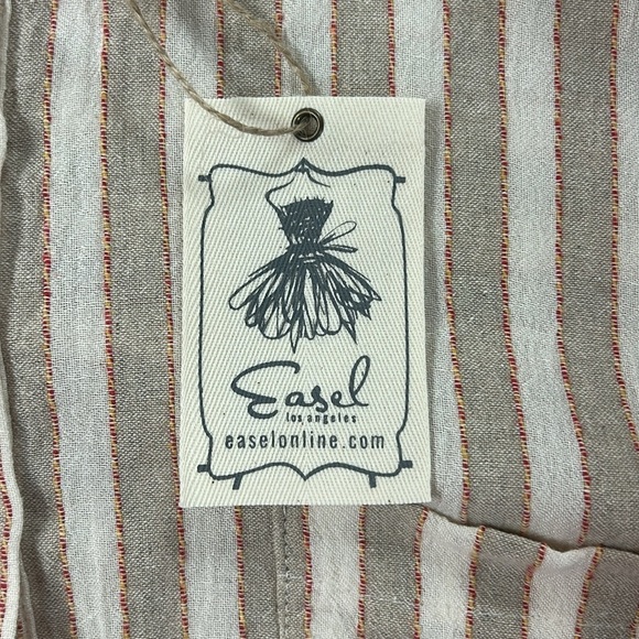 Striped Beige Button-Up Blouse with Ruffle Hem - Easel - Picture 8 of 8